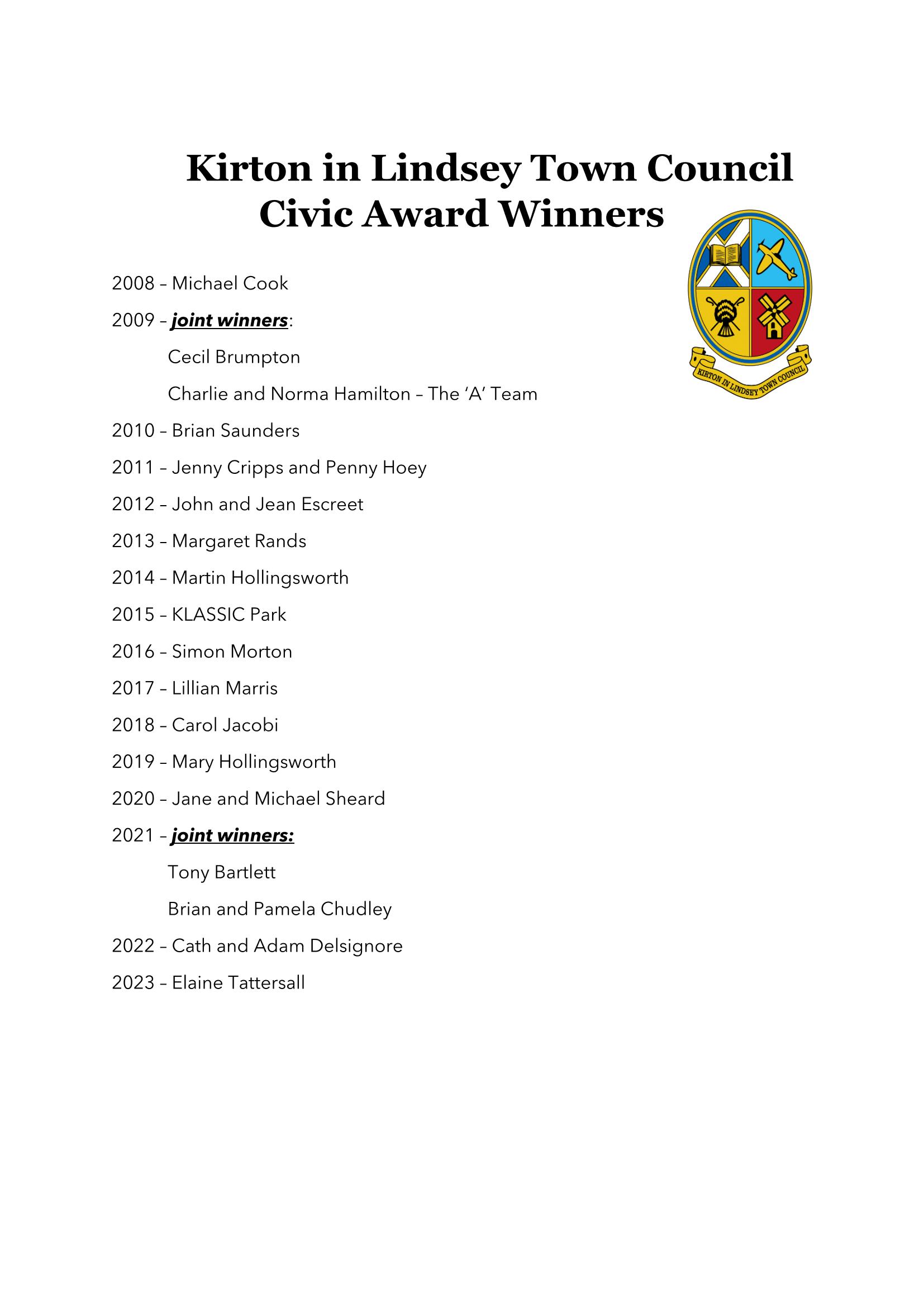 Kirton in Lindsey Town Council Civic Award Winners